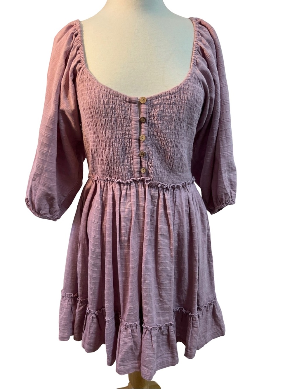 Free People Dusty Pink Smocked Mini Dress Cottagecore Puff Sleeve Boho Prairie